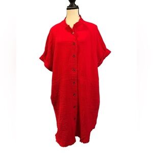 Vibrant Red Button-Up Tunic Dress